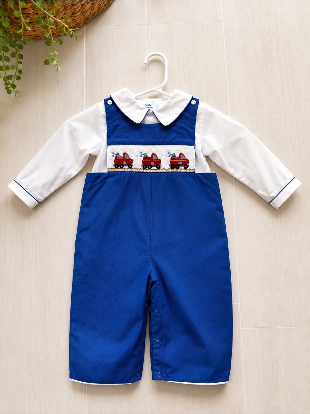 Royal Child Boys 24M Blue Smocked Fire Truck Longall & White Peter Pan Shirt Set